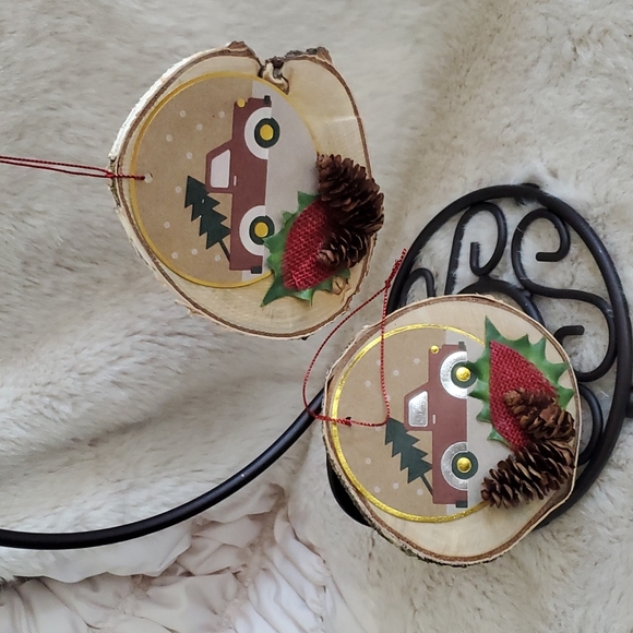 New, Set of 2, Birch Ornaments, Truck, Tree, Pinecones - Picture 1 of 2